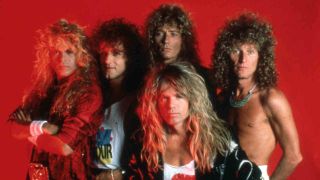 Whitesnake against a red background in 1987