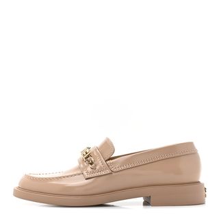 Chanel Shiny Calfskin Logo Loafers 37 Beige