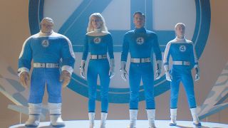 Ben Grimm, Sue Storm, Reed Richards, and Johnny Storm standing on a platform in The Fantastic: Four Steps 
