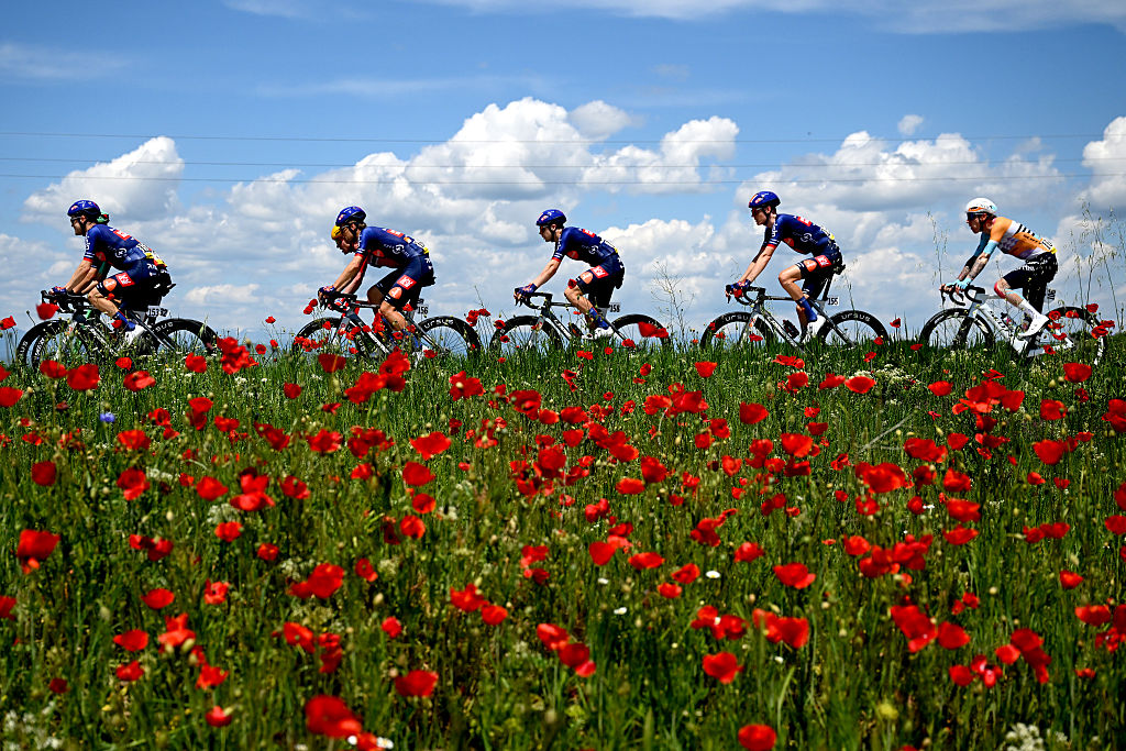 SOFIA, BULGARIA - MAY 10: (L-R) Sean Flynn of Great Britain, Tim Naberman of Netherlands, Casper van Uden of Netherlands, Gijs Leemreize of Netherlands and Team Picnic PostNL, Jake Stewart of Great Britain and Team NSN Cycling and a general view of the peloton passing through flowery landscape during the 109th Giro d&amp;amp;apos;Italia 2026, Stage 3 a 175km stage from Plovdiv to Sofia / #UCIWT / on May 10, 2026 in Sofia, Bulgaria. (Photo by Dario Belingheri/Getty Images)