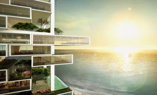 A render offering a close up view of the white Wharf Road building in Surfer’s Paradise, Australia - on some of the levels there are gardens featuring trees and pink flowers. The sun is shining over the sea