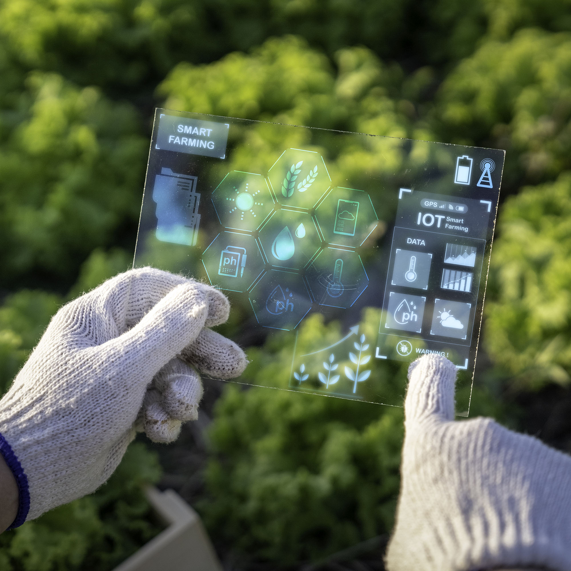 A gardener using a transparent screen tool to control plant care