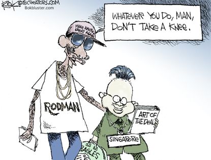 Political cartoon World North Korea Kim Jong Un Dennis Rodman NFL kneeling nuclear summit