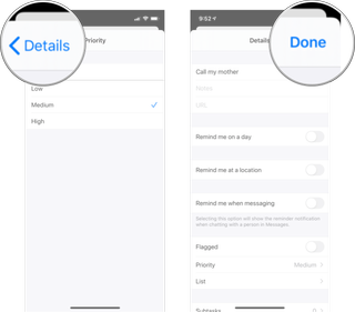 Saving a Task Priority in Reminders: Tap < details and then tap done.