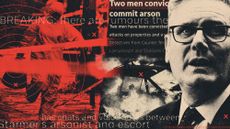Photo composite illustration of Keir Starmer, forensics police, a burning car, text from a police statement and X posts