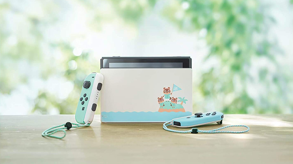 The Nintendo Switch console with Joy-Con controllers on a table top.