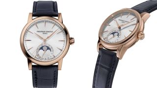 Frederique Constant Classic Moonphase Date Manufacture in rose gold on a white background