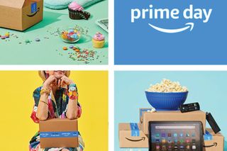 A collage of Amazon Prime Day promotional photos featuring packages, tablets, gifts, popcorn & a happy customer