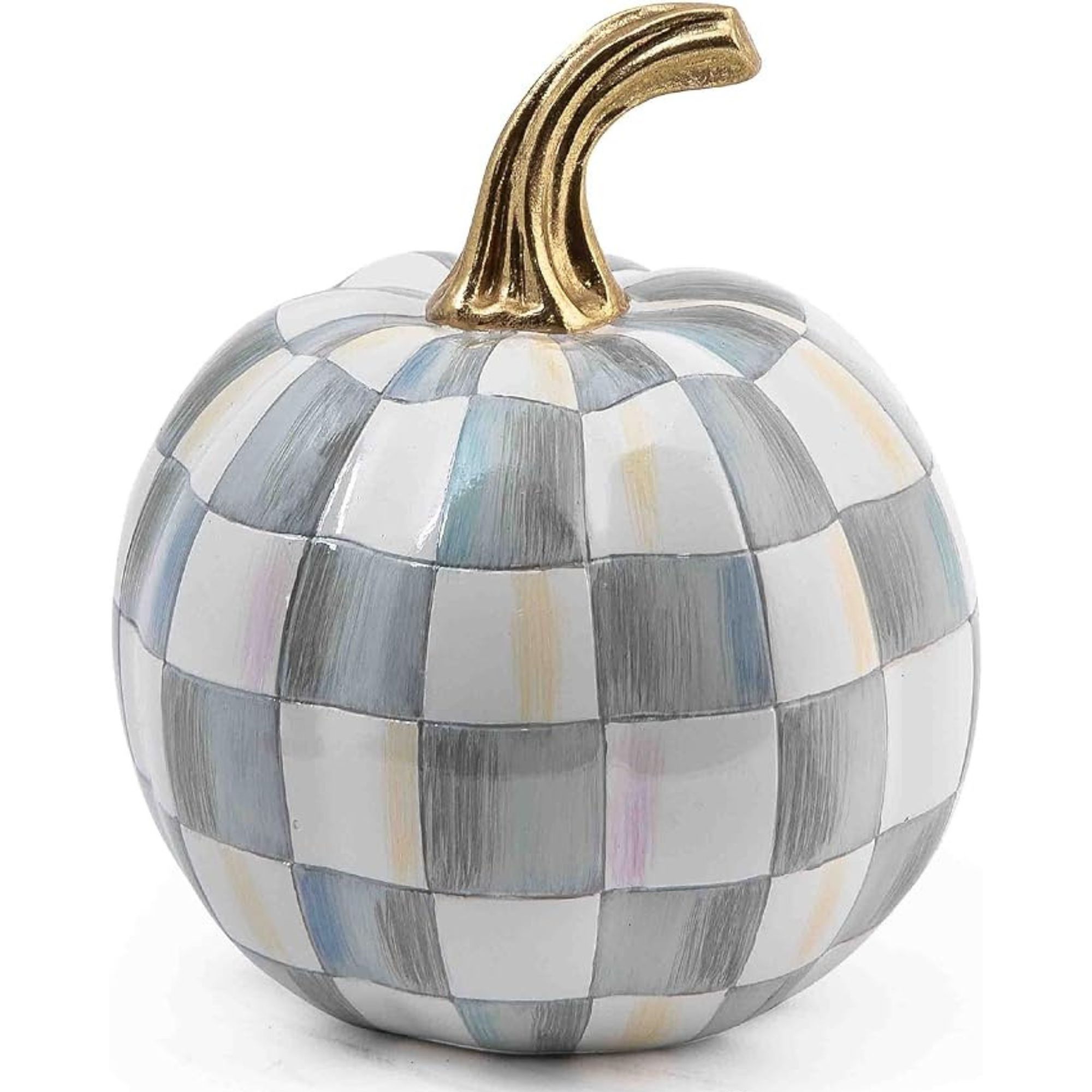 Mackenzie Childs, Mini Decorative Pumpkin for Fall Decor, Autumn Decorations for Home, Gray-and-White Sterling Check
