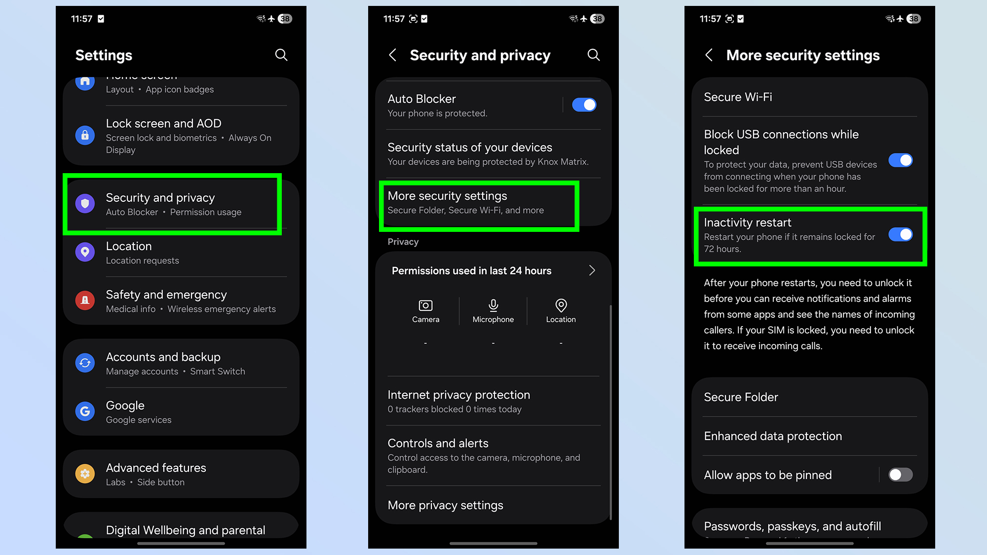 samsung galaxy inactivity restart feature