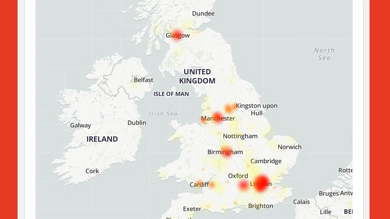 A map showing reported Vodafone outages on Downdetector