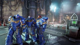  Space Marine 2 showing the three main characters, standing together in armor in the main base