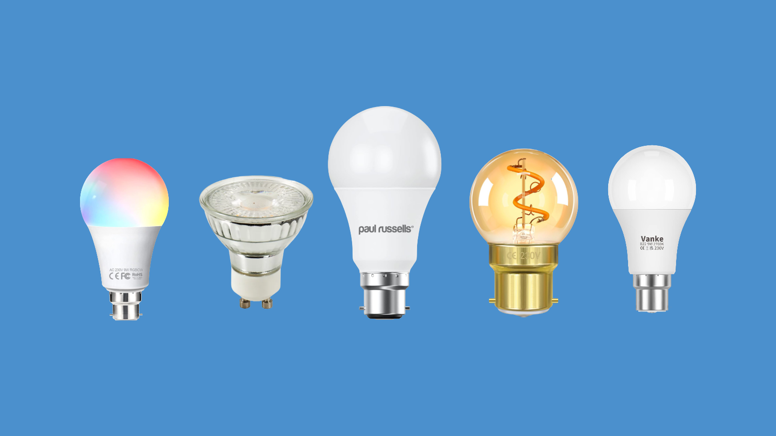 A line-up of the best LED bulbs on a blue background