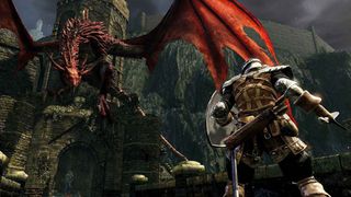 En skärmdump från Dark Souls: Remastered som visar en spelare som möter en rödfärgad drake.