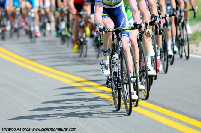 An Orica GreenEdge rider at the pointy end of the echelon at the front of the peloton.