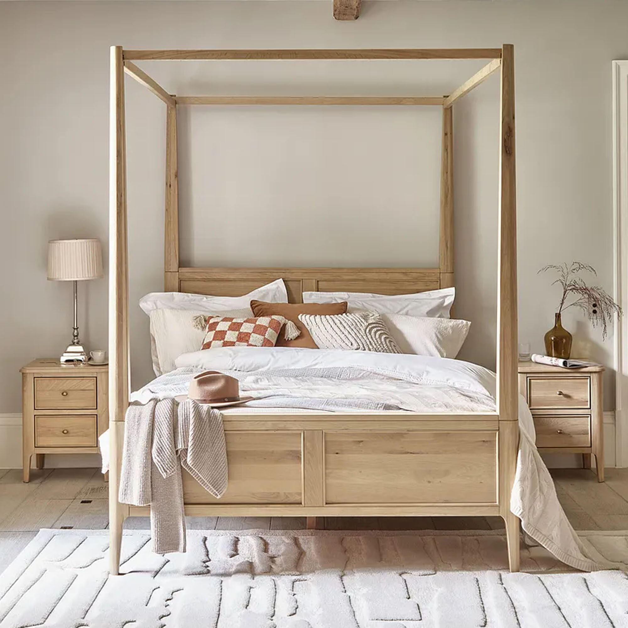 Oak Furnitureland, Newton Light Natural Solid Oak Double Four Poster Bed