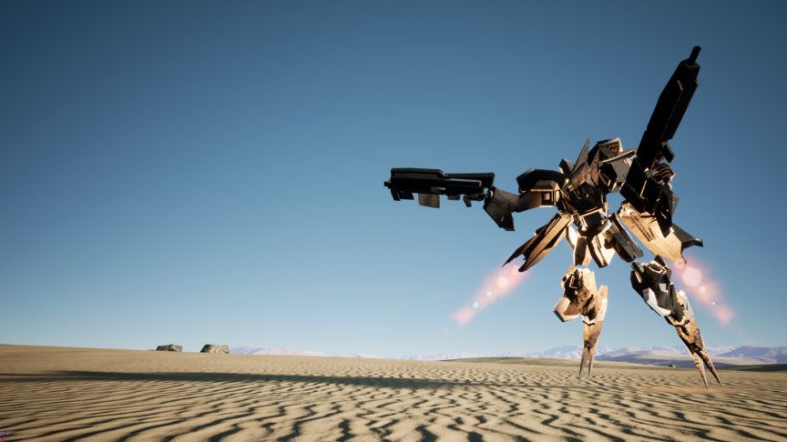 A mech stands in the desert.