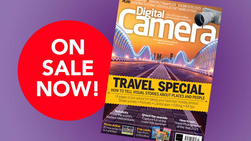 Front cover of issue 296 (July 2025) of Digital Camera magazine and a red blob that reads 'On sale now!'