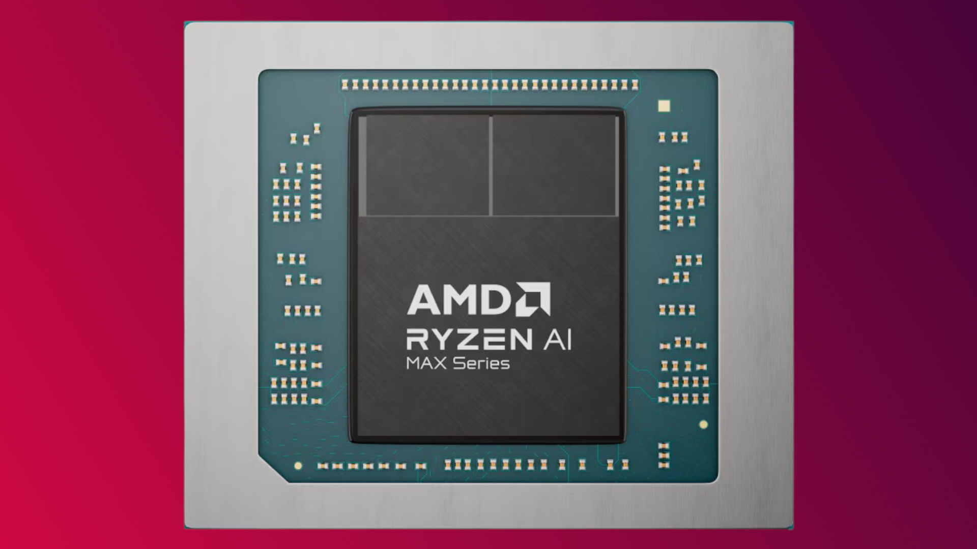 A promotional rendered image for AMD&#039;s Ryzen AI Max series of processors, against a red/purple gradient background
