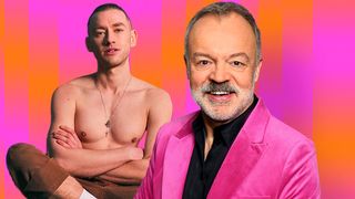 A merges shot of a topless Olly Alexander in the background and Graham Norton in a bright pink suit with black shirt in the foreground.