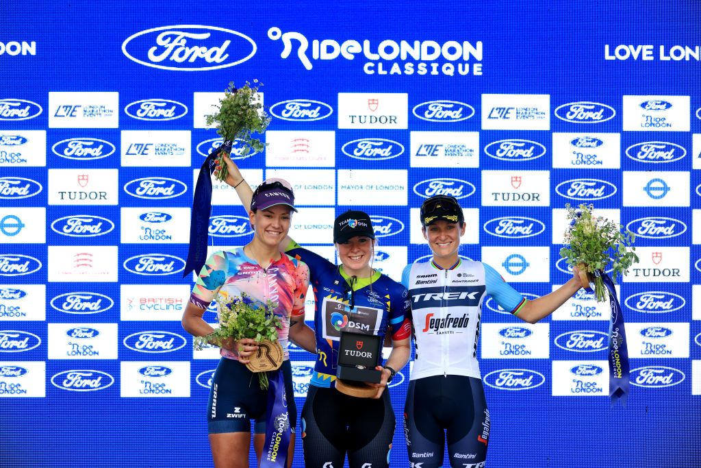 LONDON ENGLAND MAY 28 LR Chloe Dygert of The United States and Team CanyonSRAM Racing on second place race winner Charlotte Kool of The Netherlands and Team DSM Blue Leader Jersey and Elizabeth Deignan of The United Kingdom and Team Trek Segafredo on third place pose on the podium ceremony after the 6th RideLondon Classique 2023 Stage 3 a 912km stage from London to London UCIWWT on May 28 2023 in London England Photo by Stephen PondGetty Images