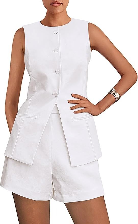 PRETTYGARDEN, Prettygarden Women's 2 Piece Sets 2025 Summer Trendy Button Down Suit Vest Tops High Waisted Shorts Business Casual Outfits (white,medium)