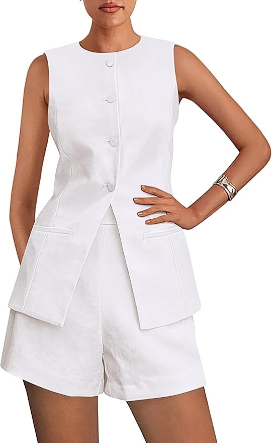 PRETTYGARDEN, Prettygarden Women's 2 Piece Sets 2025 Summer Trendy Button Down Suit Vest Tops High Waisted Shorts Business Casual Outfits (white,medium)