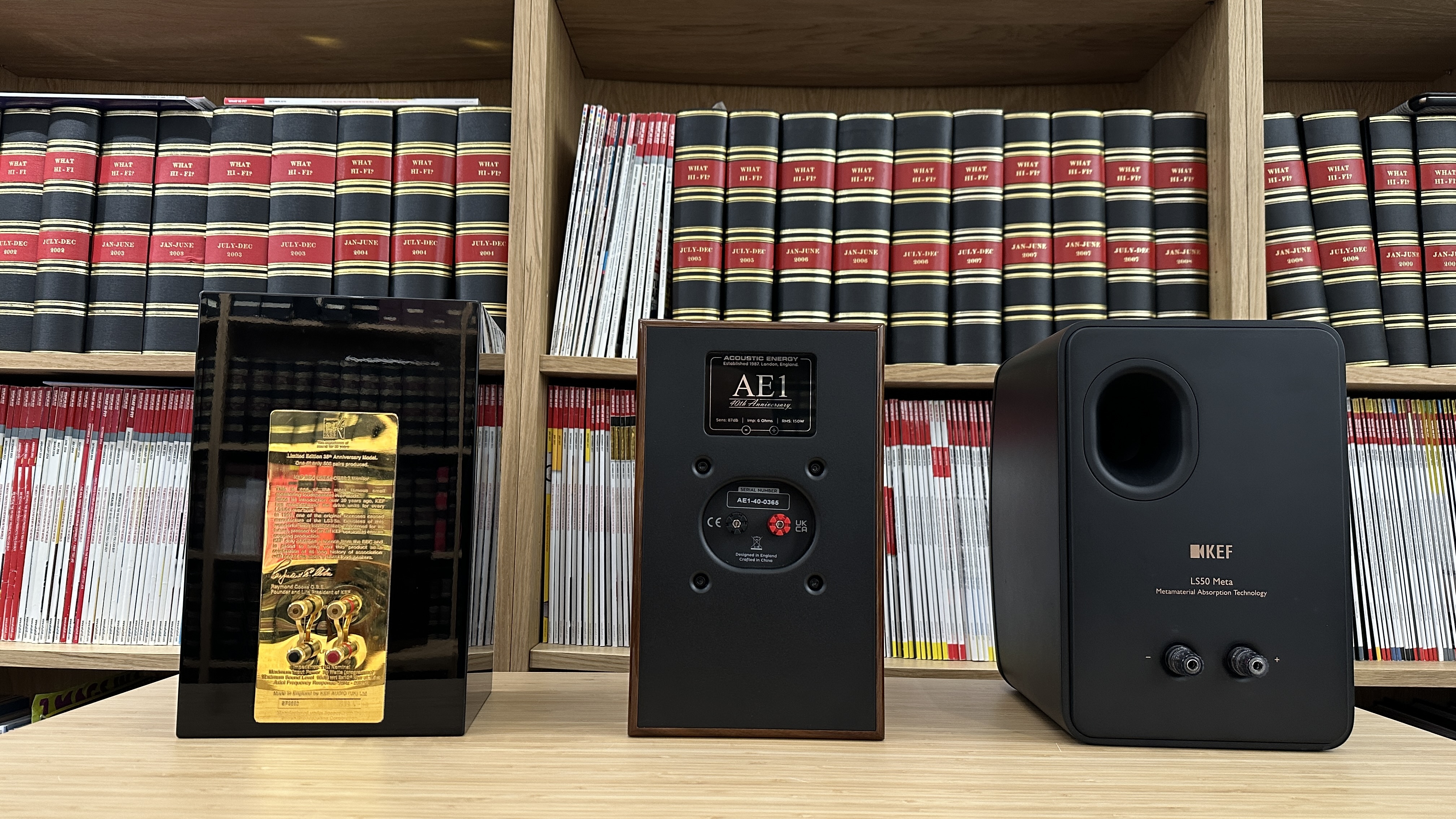 Rear shot of KEF LS3/5A, Acoustic Energy AE1 40th Anniversary and KEF LS50 Meta