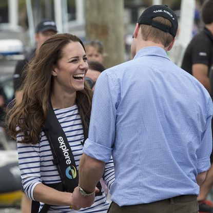 Kate Middleton and Prince William joke together after sailing during their visit to Auckland Harbour on April 11, 2014 in Auckland, New Zealand