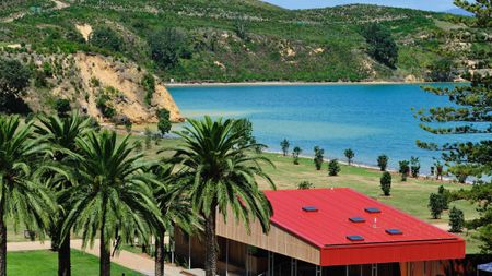 view over rorotoa island near auckland, red roof in foreground with bay in background