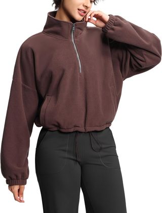 brown fleece half zip sweatshirt pullover