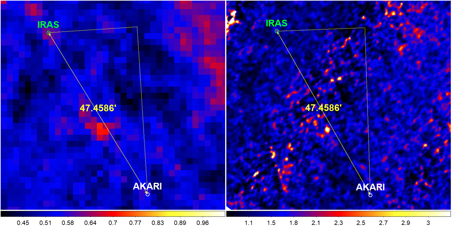 two images showing red dots on a field of blue and black splotches