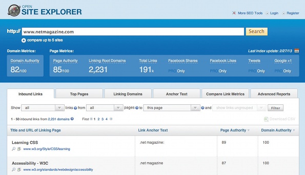 The search engine for links, this tool by SEOmoz allows you to perform competitive website research and explore backlinks, anchor text (and more) for free