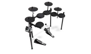 Centred round the new DM7X module, the kit comes with five 8" dual-zoned drum pads, four 10" single-zoned cymbal pads and a "variable" hi-hat controller pedal