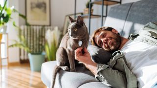 Cat sitting on couch in an apartment with owner