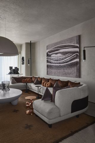 A curving white sofa