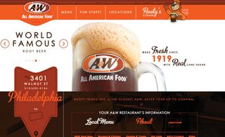 CSS rotation transforms are used on header text, giving the A&W site a fun print-menu feel