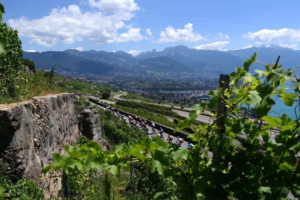 CHTEL LES PORTES DU SOLEIL FRANCE JULY 10 A general view of the peloton passing through the vineyards close to the Montreux Lake during the 109th Tour de France 2022 Stage 9 a 1929km stage from Aigle to Chtel les portes du Soleil 1299m TDF2022 WorldTour on July 10 2022 in Chtel les portes du Soleil France Photo by Alex BroadwayGetty Images