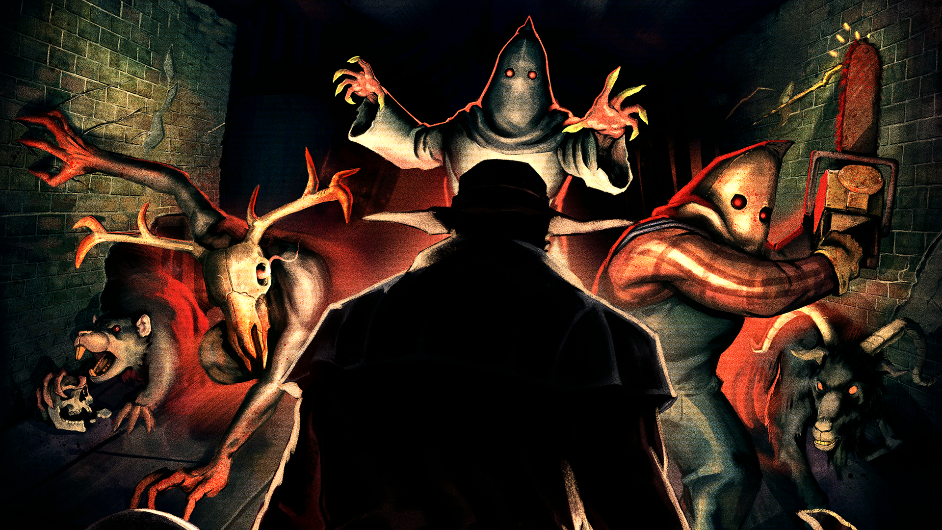 People in masks wielding chainsaws attack a shadowy protagonist