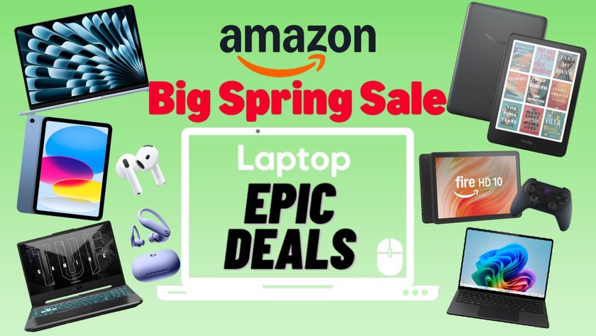 Amazon Big Spring Sale epic deals text surrounded by M4 MacBook Air, iPad 11, AirPods 4, AirPods Max, Asus TUF Gaming A14, Kindle Colorsoft, Fire HD 10 tablet, Amazon Luna controller, and Surface Laptop 7 against a green gradient background.