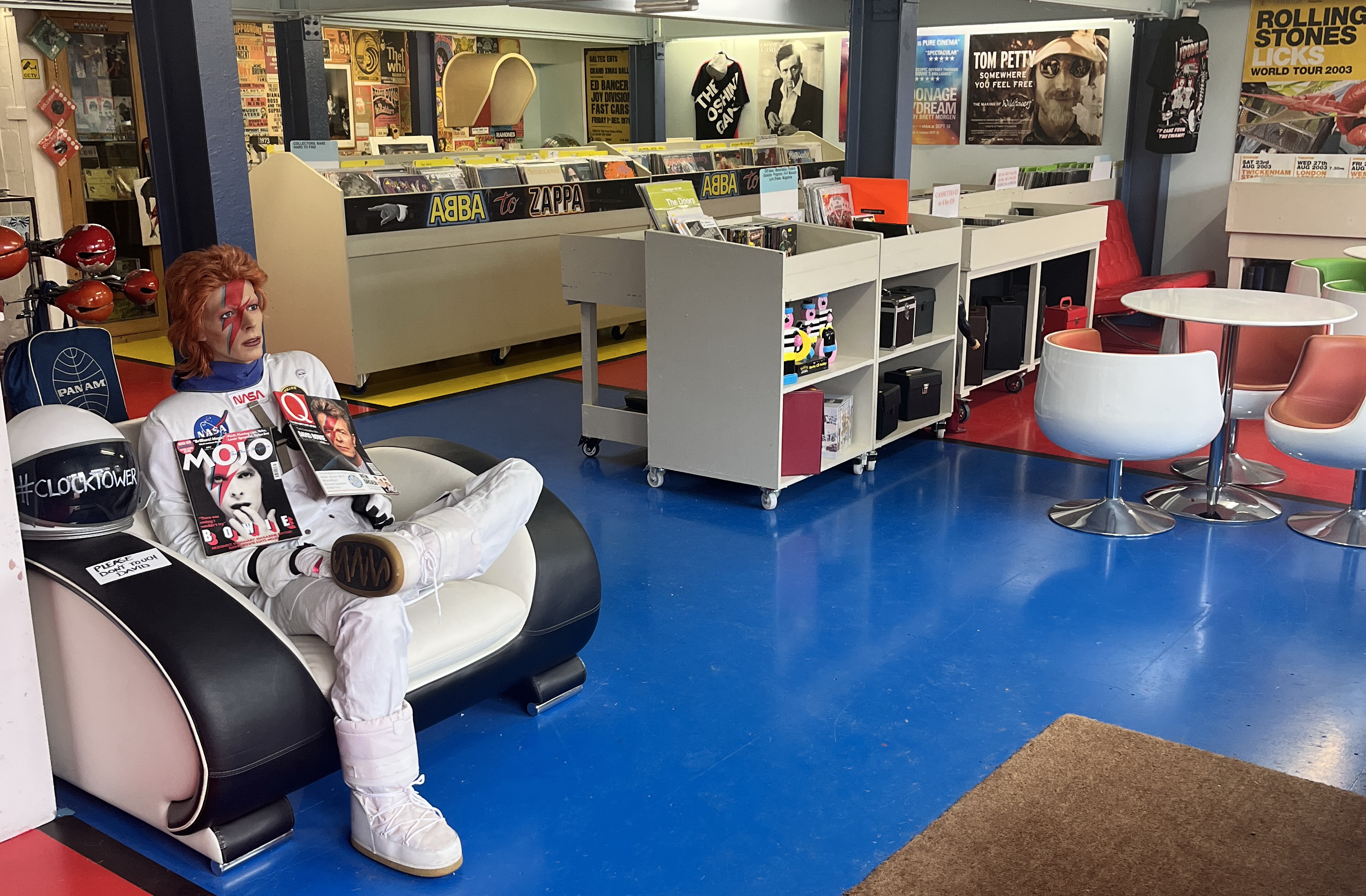The interior of the Clocktower Records store, complete with a Ziggy Stardust mannequin wearing a space suit.