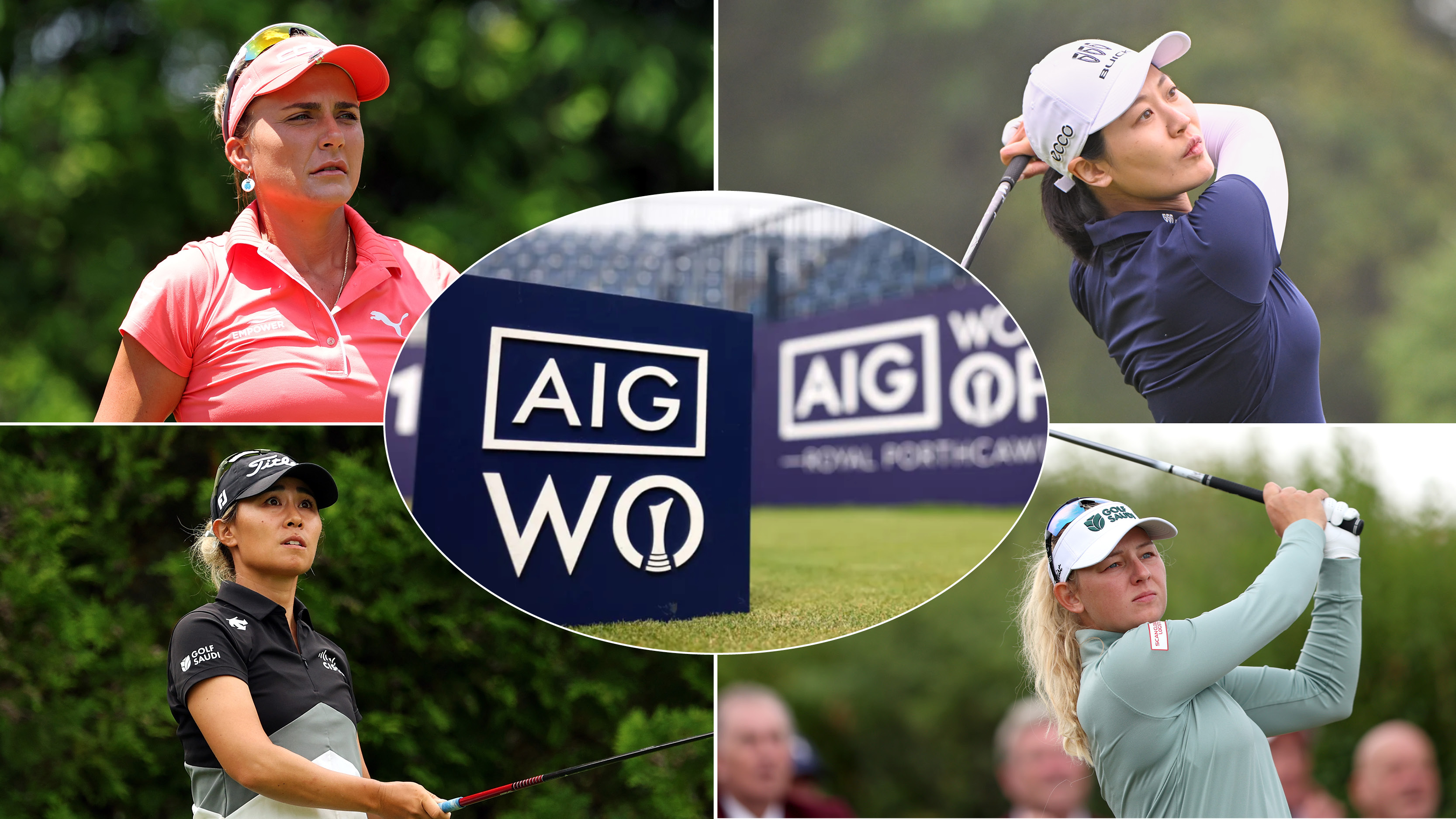 Lexi Thompson, Xiyu Lin, Danielle Kang, Emily Pedersen and an AIG Women&#039;s Open tee marker