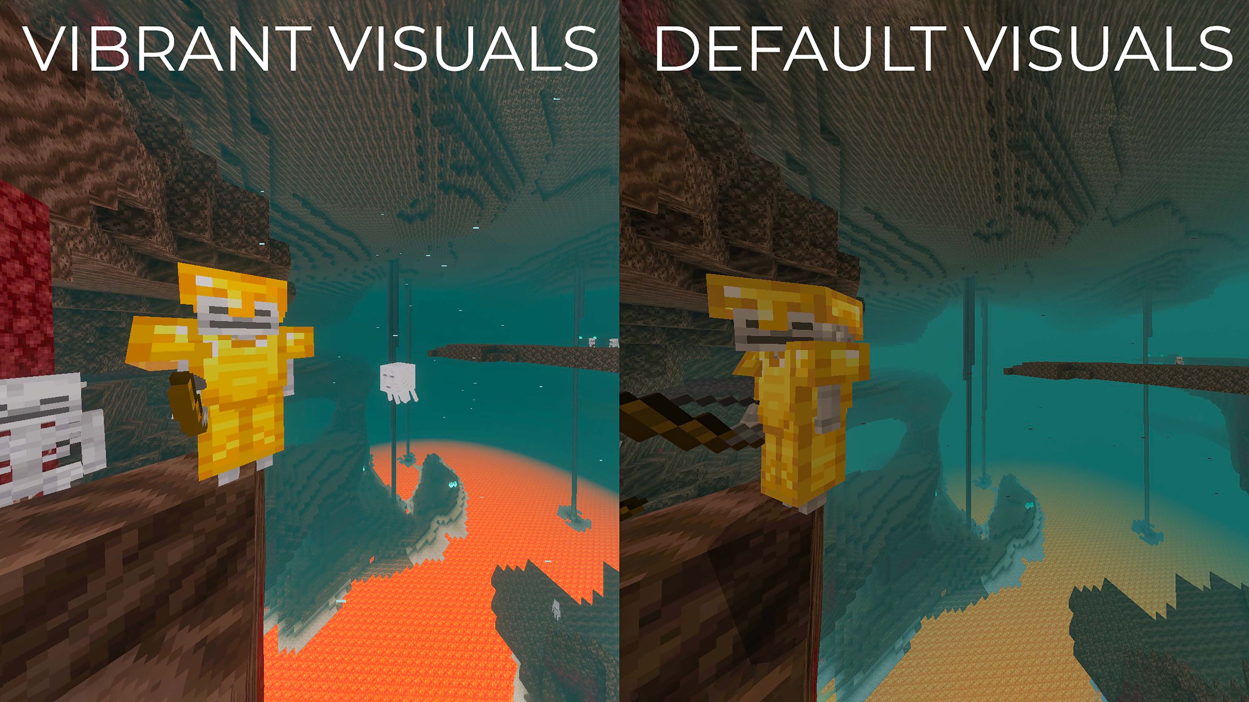 A comparison of the same scene with standard Minecraft visuals versus Vibrant Visuals of an underground lava area. There are more notable details in the Vibrant Visuals image. 