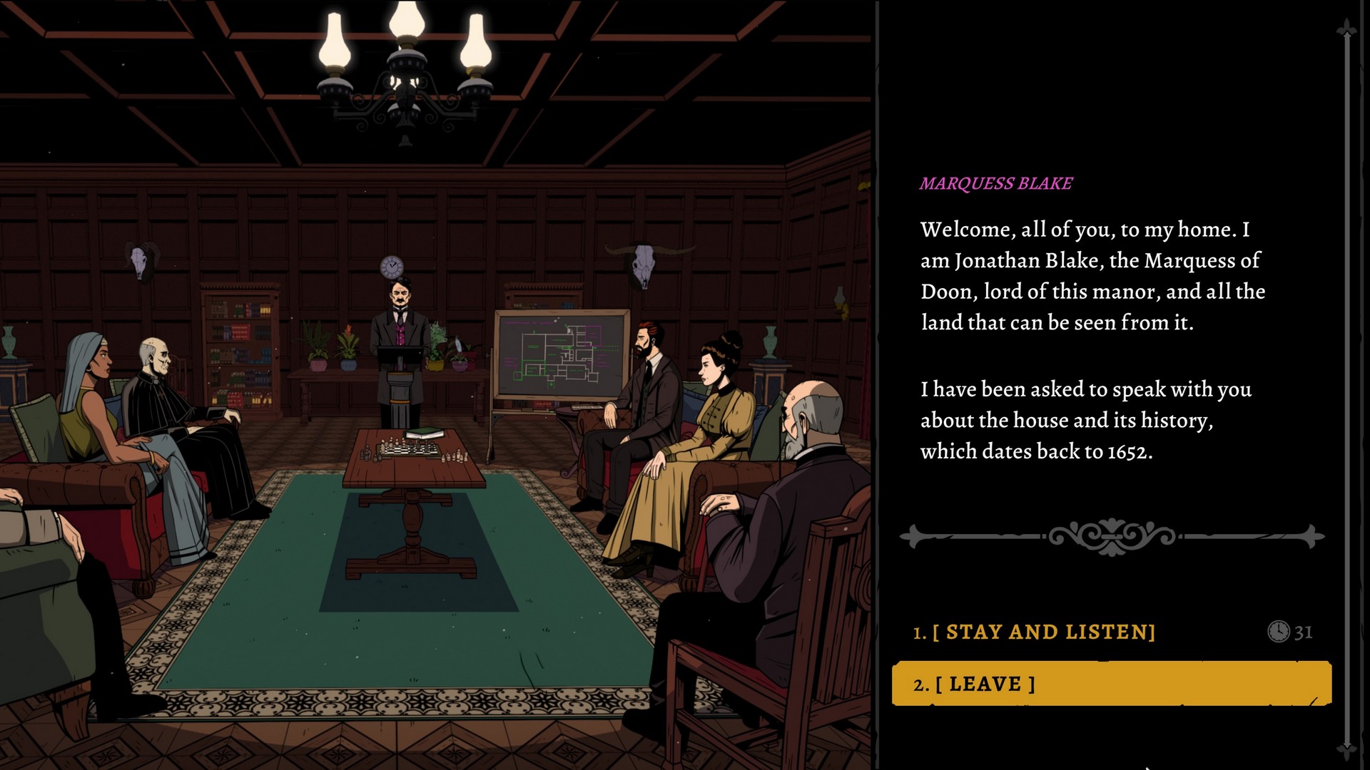 Attending a talk in the drawing room in The Seance of Blake Manor