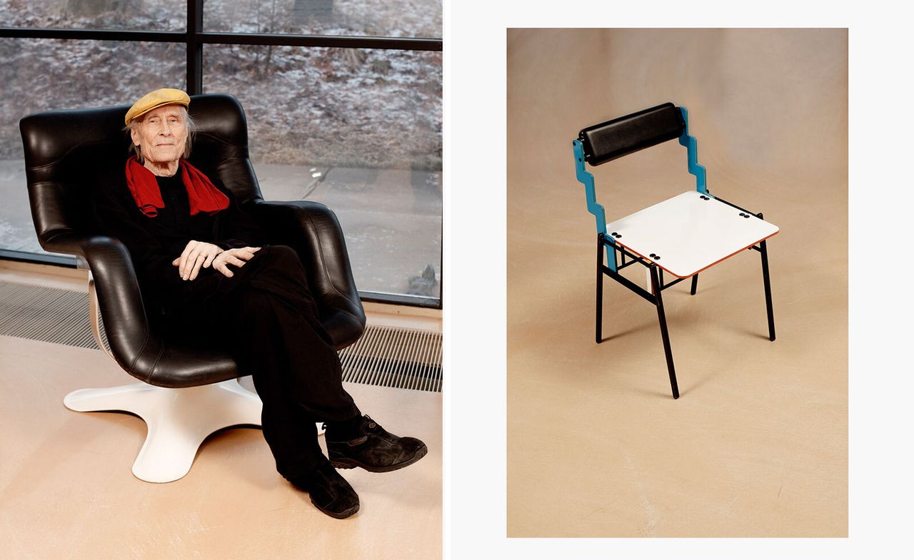 Left, Yrjö Kukkapuro in 2020, in a ‘Karuselli’ chair (1964) at his studio. Right, ‘Nelonen Profile’ chair, 1990s