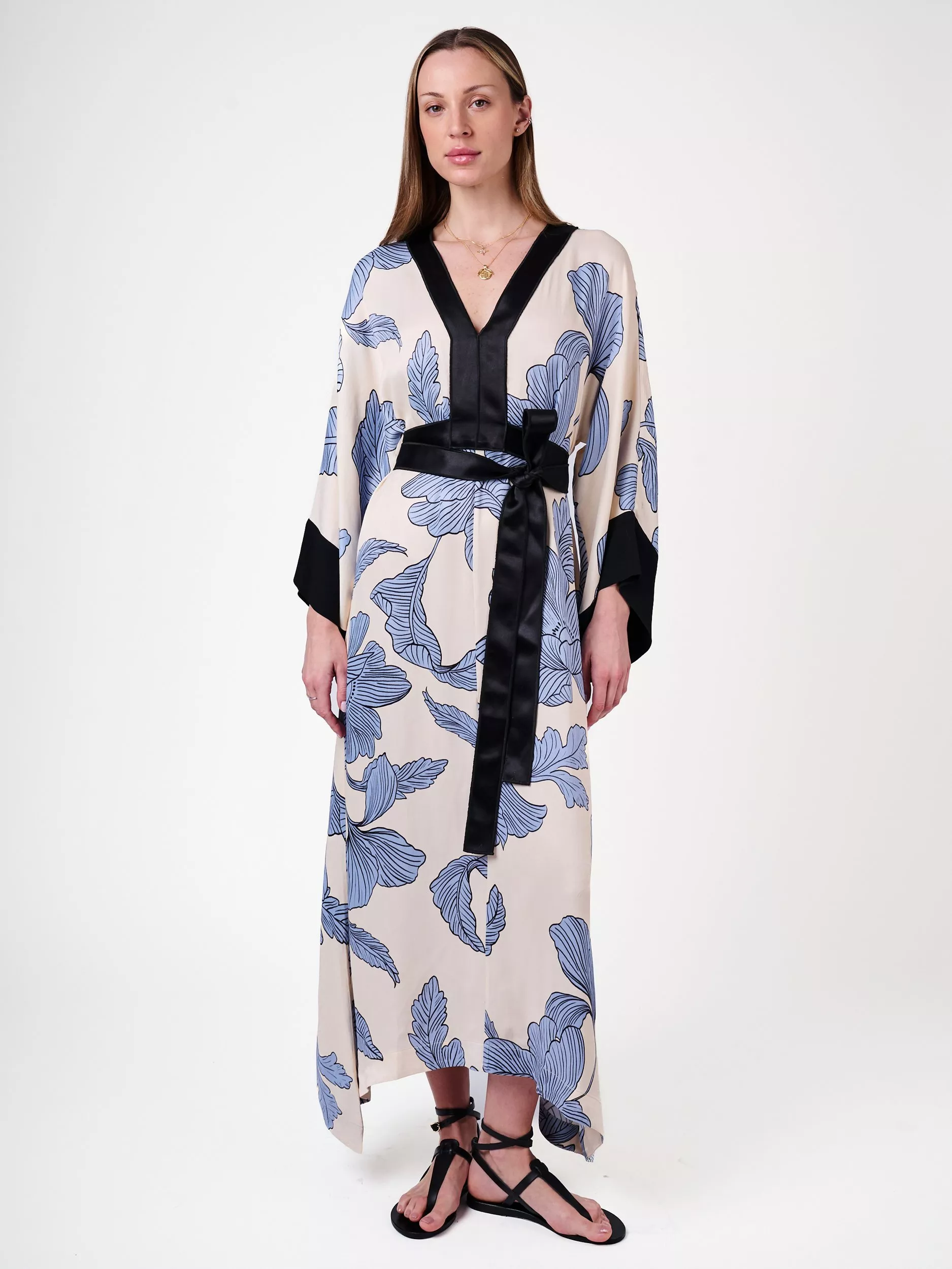Amanda Wakeley Sara Tie Waist Kimono Dress, Cream/blue