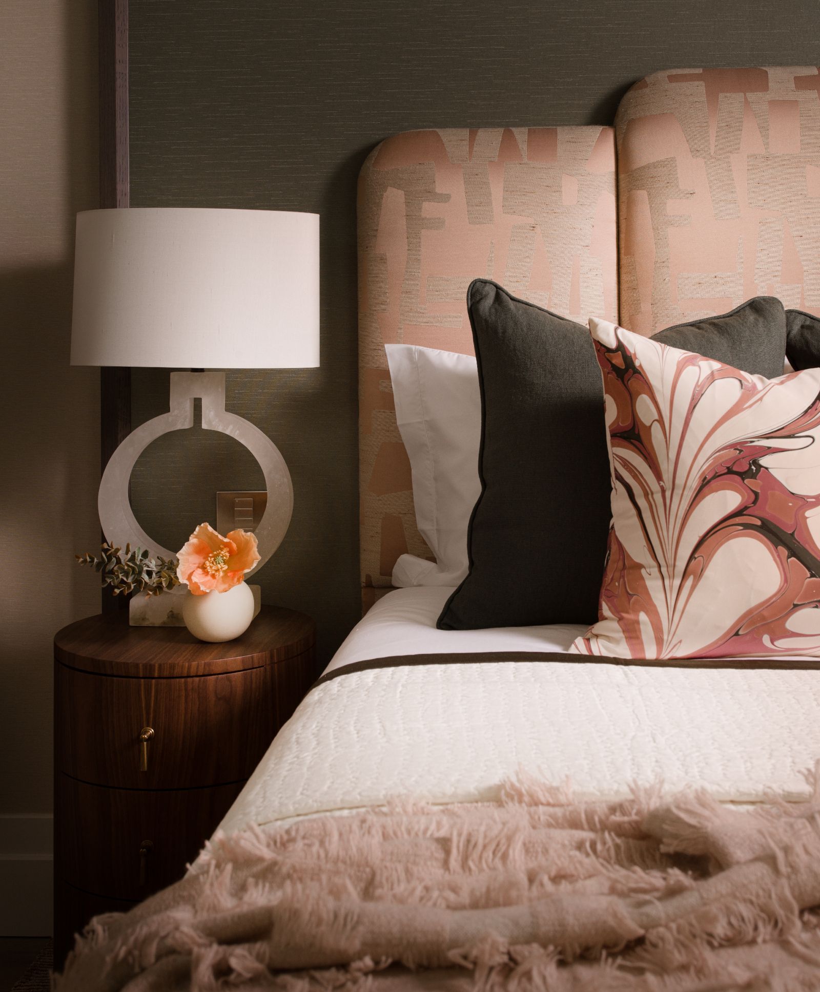Bedroom with bed close up of headboard and pillows