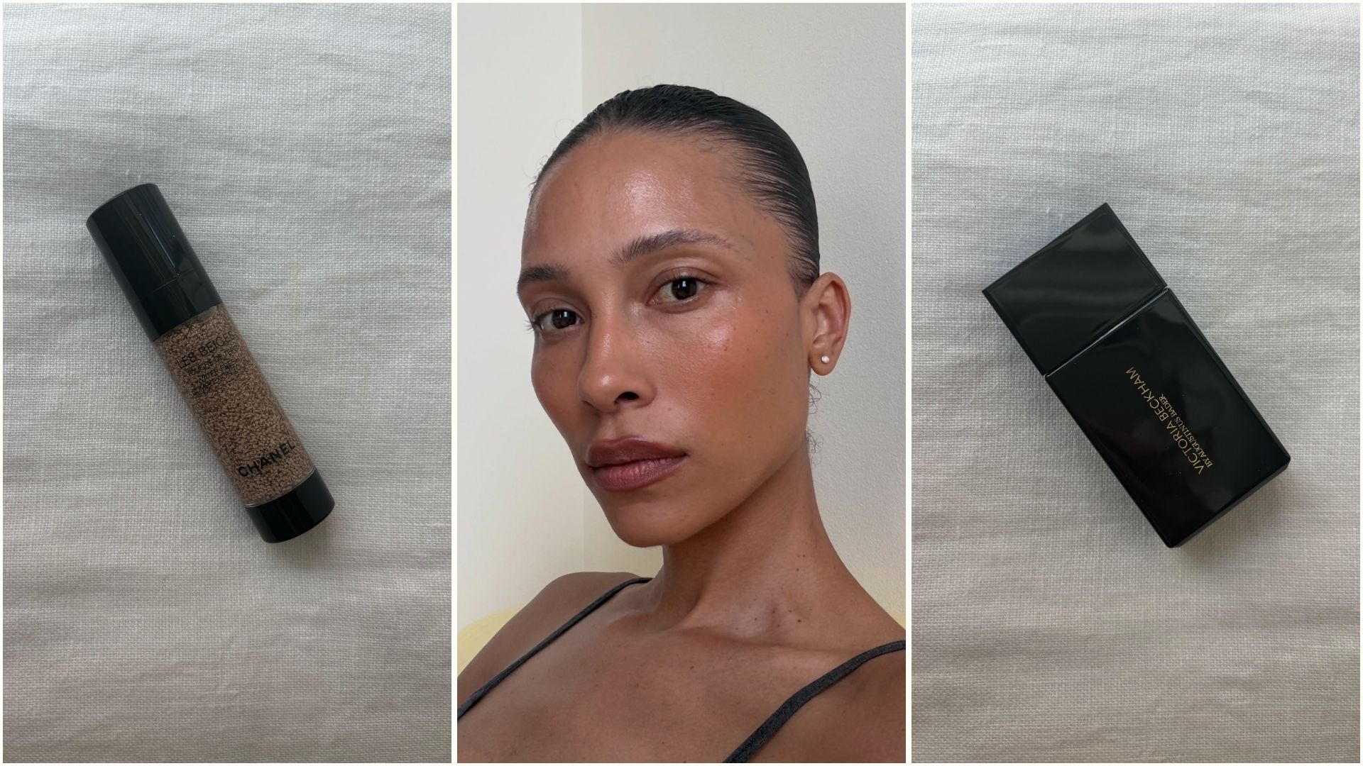 Creator @tylynn taking a selfie with glowing skin next to a photo of a Chanel and Victoria Beckham Beauty foundation