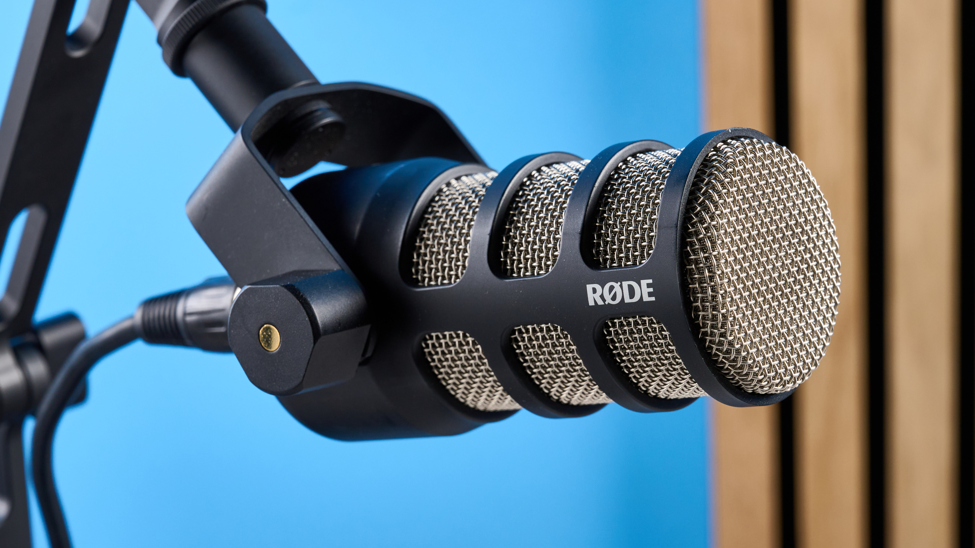 the rode podmic podcast and broadcast microphone photographed with a blue background, shown with the rode ds2 desk stand