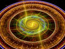 Colorful glowing teleport circles in space fractal with particles, computer generated abstract background